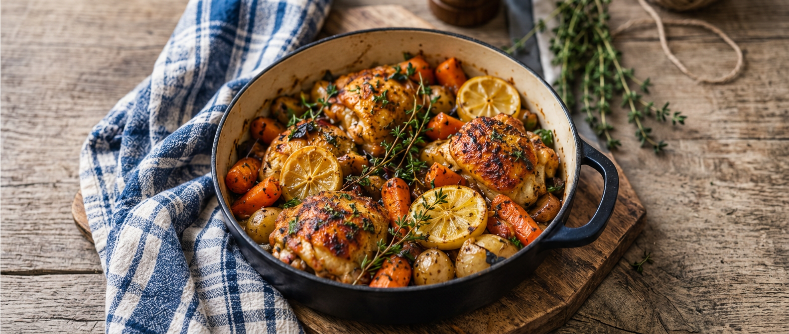 Herb-roasted chicken thighs with lemon, carrots and potatoes in a cast-iron pan